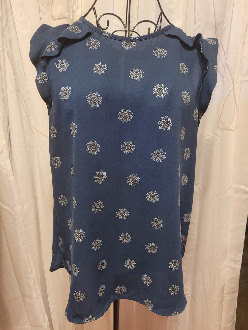 LOFT Navy Blue Floral Print Ruffle Sleeve Blouse